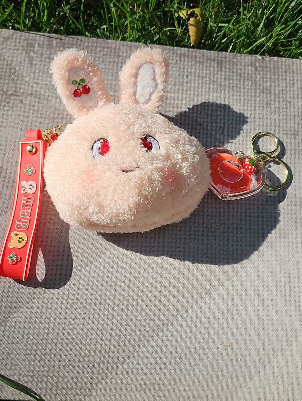 1 Plush Bunny Coin Purse Keychain - Peach And 1 Strawberry Heart Keychain